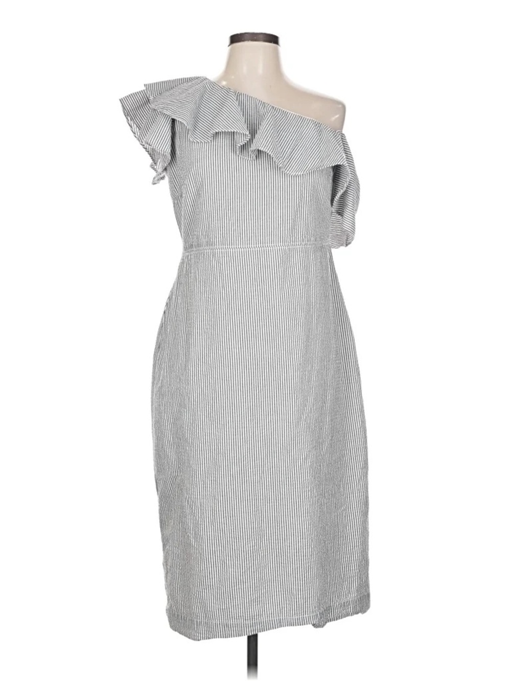 One-Shoulder Ruffle Seersucker Dress in Black and White